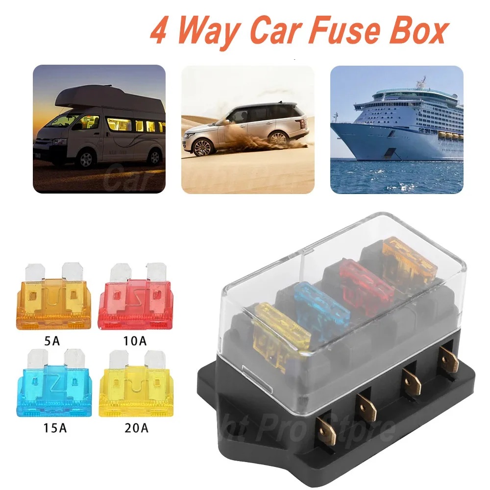 Kotak sekring mobil ใส่ฟิวส์รถยนต์4ทาง DC 12/24V พร้อมฝาครอบใสกันน้ำสำหรับรถ SUV เรือฟิวส์บล็อกใบมีดวงจรมาตรฐาน