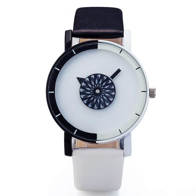 Unique Minimalist Personality Black White No Number Watches Fashion Simple Faux Leather Band Quartz Wristwatch Couple Watch