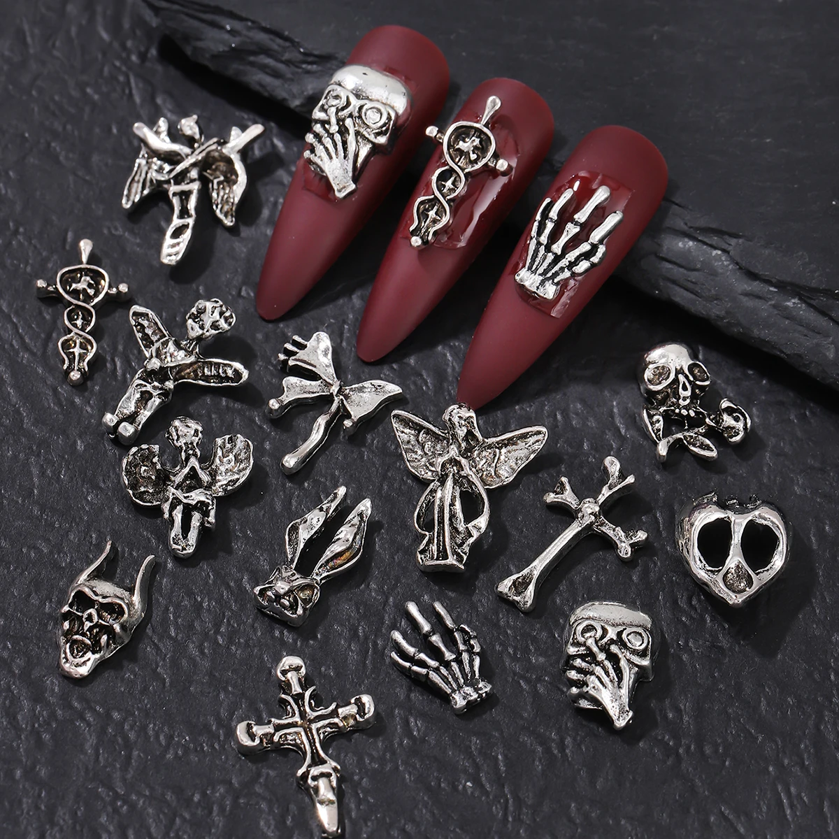 50 punk angel, croce, teschio e altre decorazioni per unghie miste casuali, decorazione per unghie fai da te in metallo y2k, glitter per unghie gotiche europee