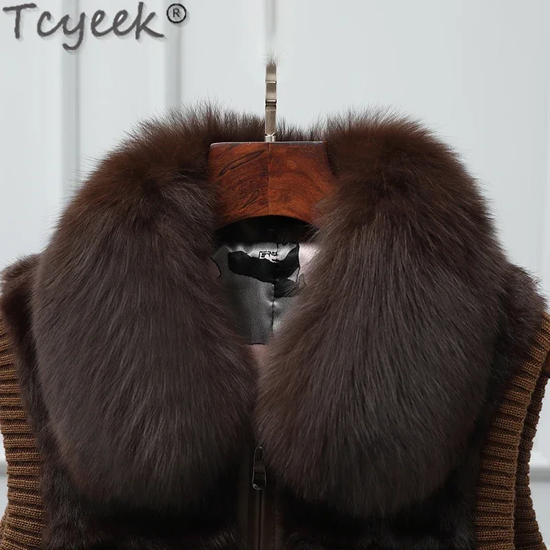 Tcyeek-Chaleco de piel de conejo Real para mujer, ropa de invierno, abrigo sin mangas, chaquetas de piel de estilo corto, cuello de piel de zorro cálido con cremallera