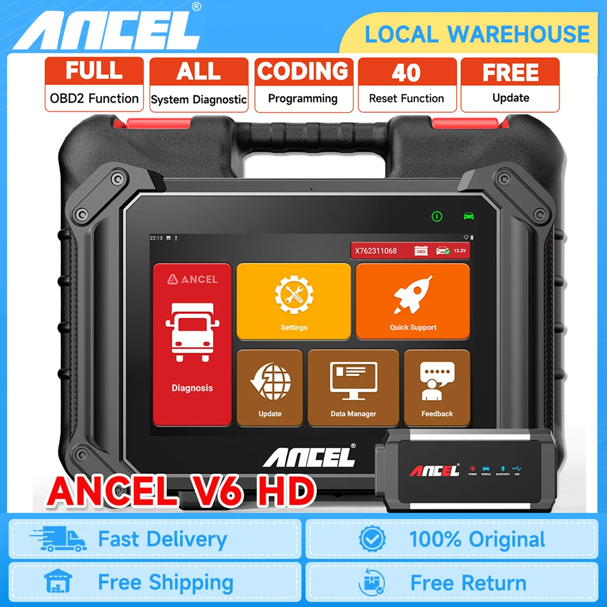 ANCEL V6 HD Diesel Heavy Duty Truck Scanner D.PF Regen Bidirection All System Diagnostic for Cummins/Detroit/Caterpillar/Paccar