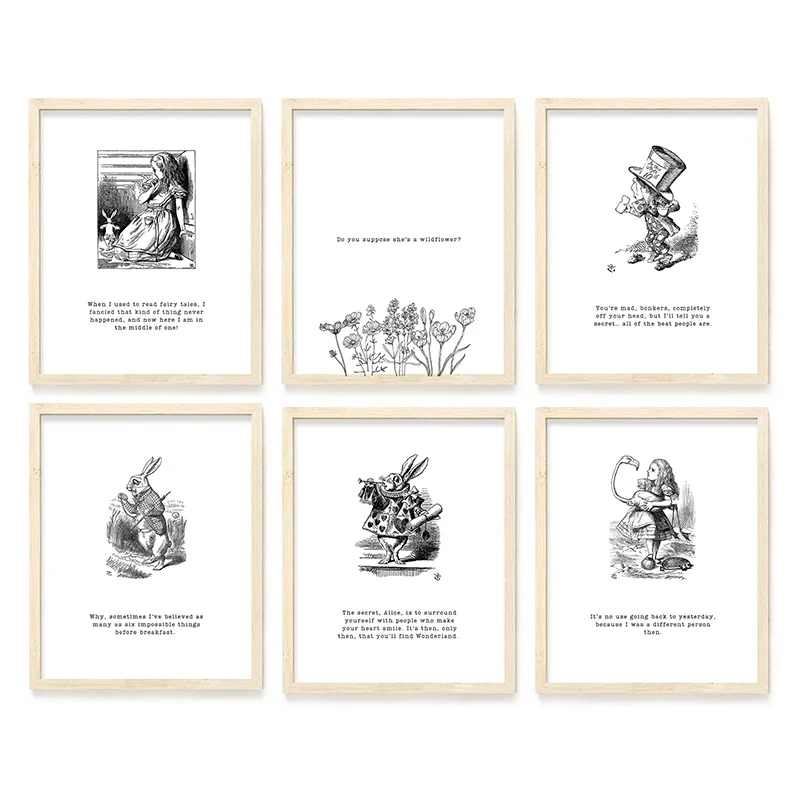 A-Alice in W-Wonderland Book Quotes Black White Posters Print Canvas Printing Modern Wall Art Picture for Living Room Home Decor