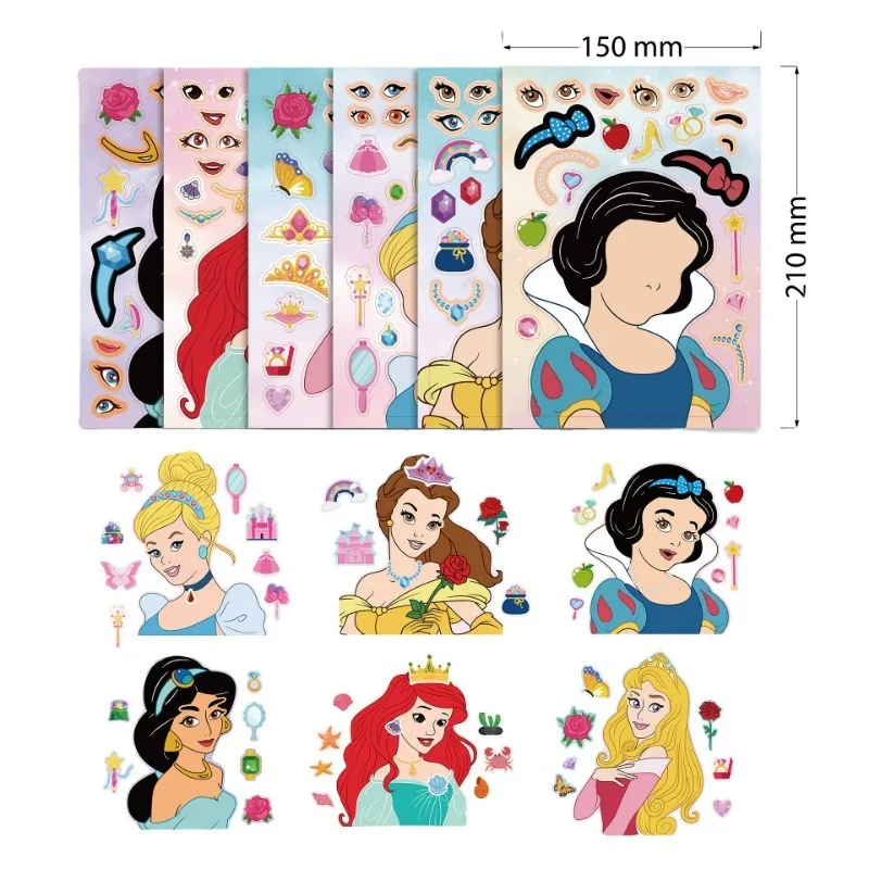 6 Sheets Disney Princess Kids DIY Puzzle Stickers Princess Face Funny Cartoon Assembly Stickers Kids Stickers Boys Girls Gifts