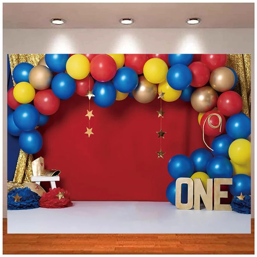 

Photography Backdrop Red Blue Star Balloons Flower Paper Girl 1st Birthday Cake Smash Decor Background Banner Photo Studio