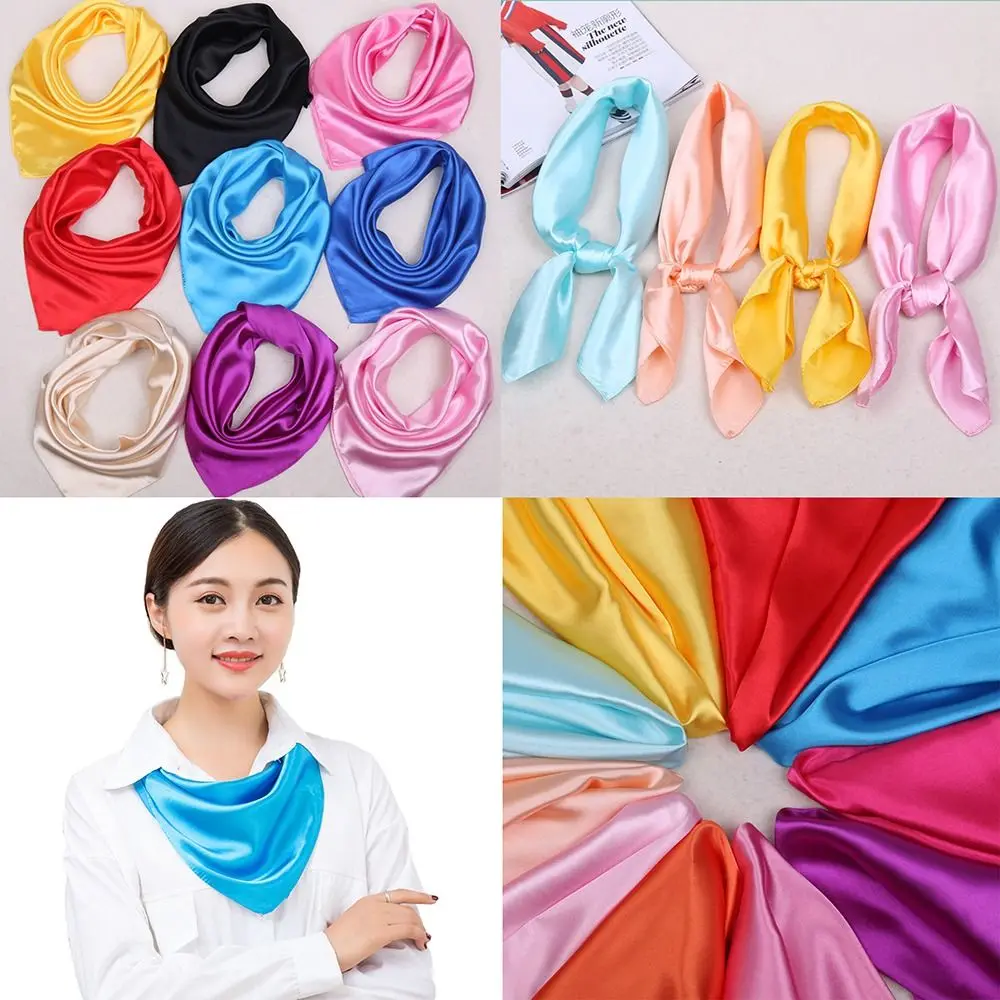 60cm Women Silk Satin Square Scarf Bandana Neckerchief Solid Color Neck Wrap