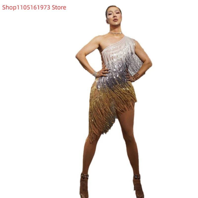 فستان سهرة بكتف بلينغ بلينغ مهدب متألق ومطرز بالترتر فستان حفلة موسيقية زي جوجو