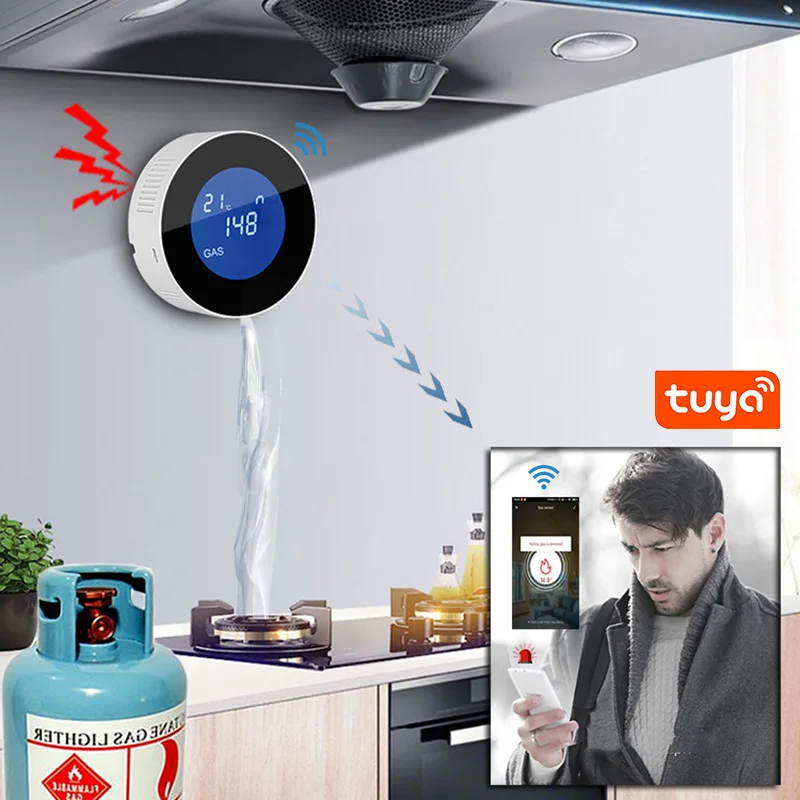 Cozinha Gás Natural Leak Alarm Sensor, Wi-Fi, Tuya App Função, Temperatura, Display Digital LCD, Som Sirene, Detector Combustível