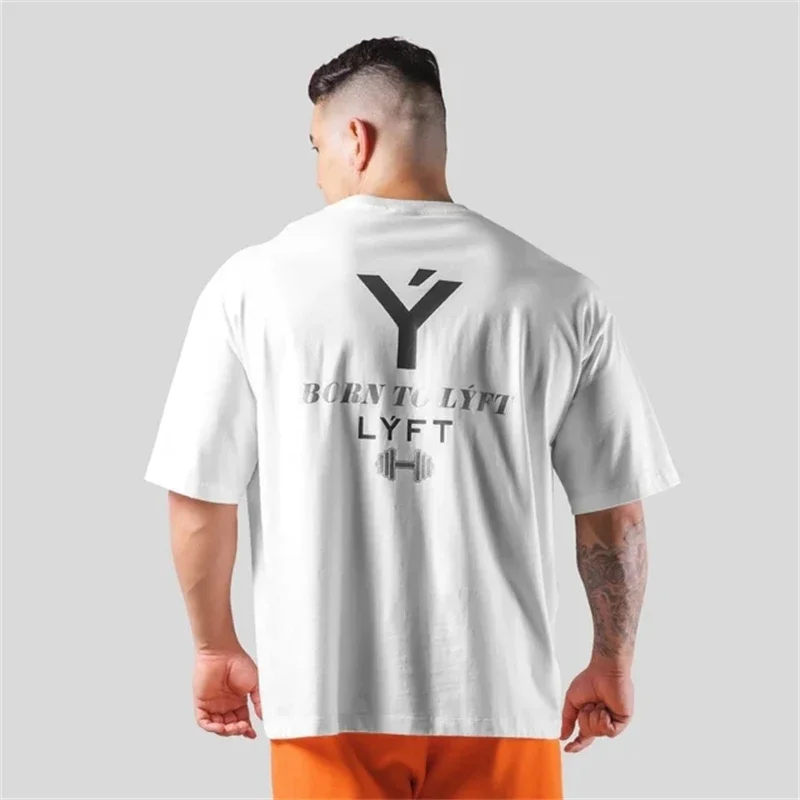 LYFT T-Shirt Men Letter Print Men's Gym T Shirt Loose Cotton Oversized T-Shirt Hip Hop Top Sport Tees Workout Clothes Men Tops