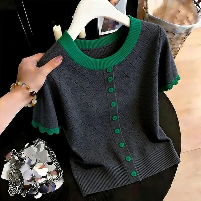 Blue  Fashion Niche Design Cardigan Loose Navy Single-breasted Sweater Contrast Rhombic Sweater Slim Short Sleeve Gray Sweater