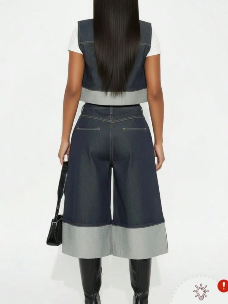 Women Fashion 2 Piece Outfit Sleeveless Lapel Patchwork Cropped Vest & High Waist Patchwork Wide Leg Capri Pants Set Streetwear Casual Matching Suit - view 2