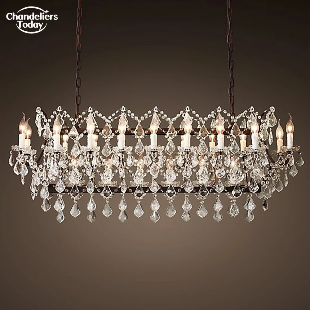 

19th C. Rococo Iron & Crystal Rectangular Chandelier Vintage LED Rustic Chandelier Light Home Decor Candle Lamp for Dining Room