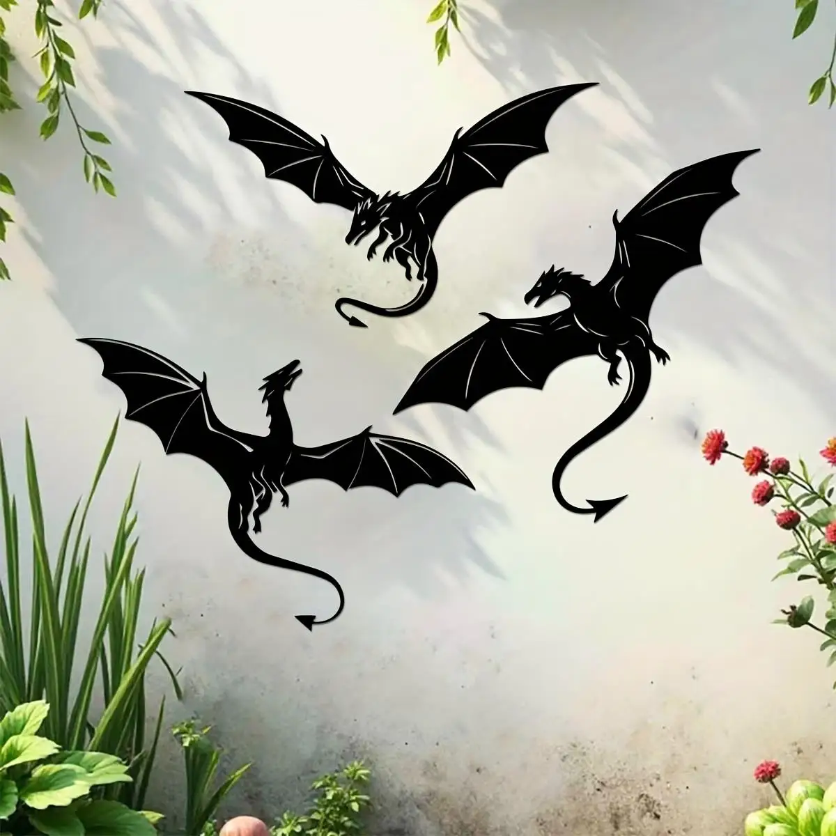 3Pcs 2D Acrylic Flat Flying Dragon Wall Art, Vertical Metal Wall Sculpture for Indoor Outdoor Home Garden Balcony Decor, Elegant