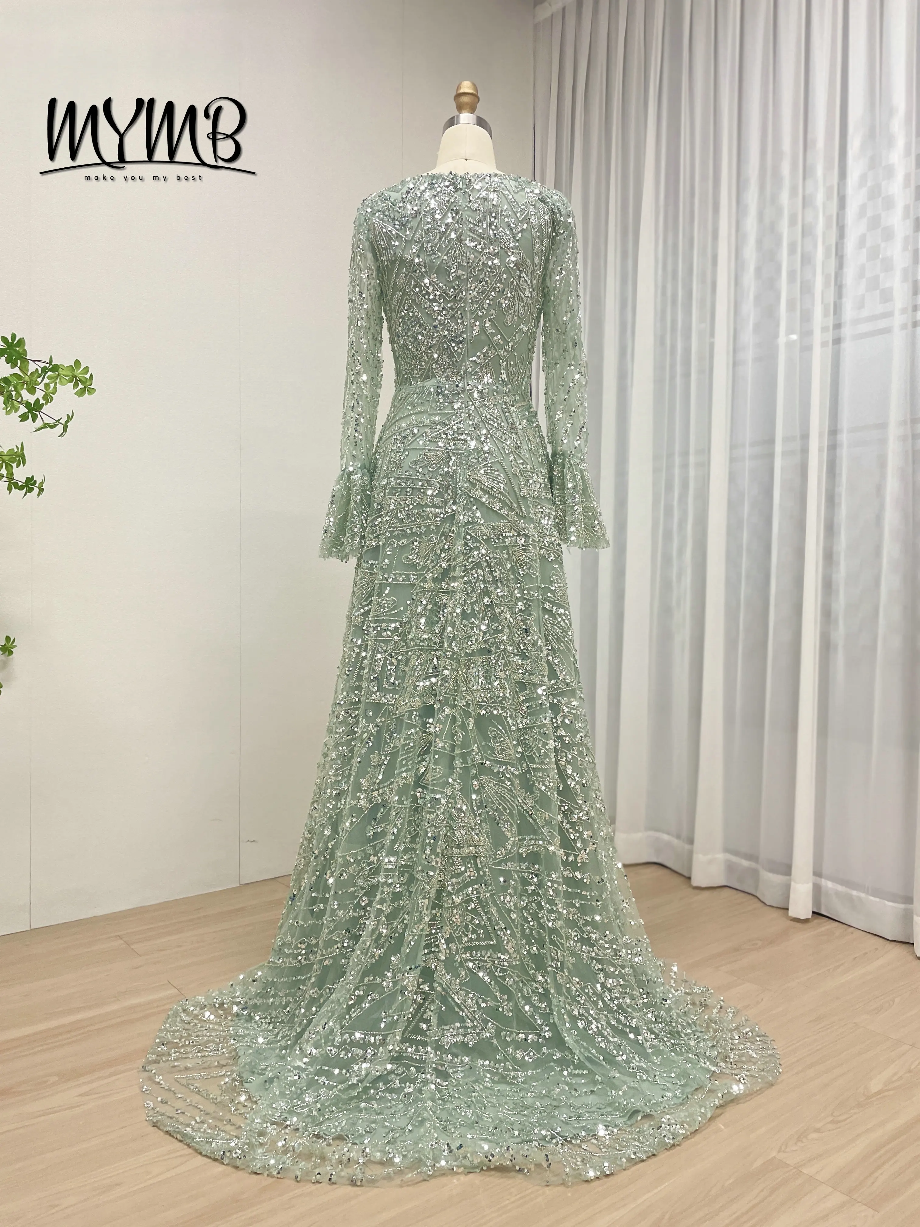 Mymb lindo deslumbrante elegante manga longa uma linha vestido de noite de baile com contas bordadas requintadas para ocasiões formais MY30089-2