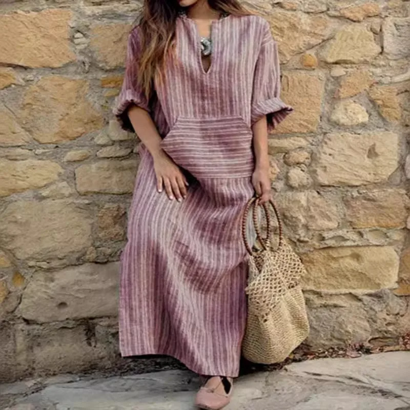 Autumn Cotton Linen Long Dress Women Casual Dress 2024 New Striped Loose Commute Maxi Dress Sundress Vacation Clothes For Women