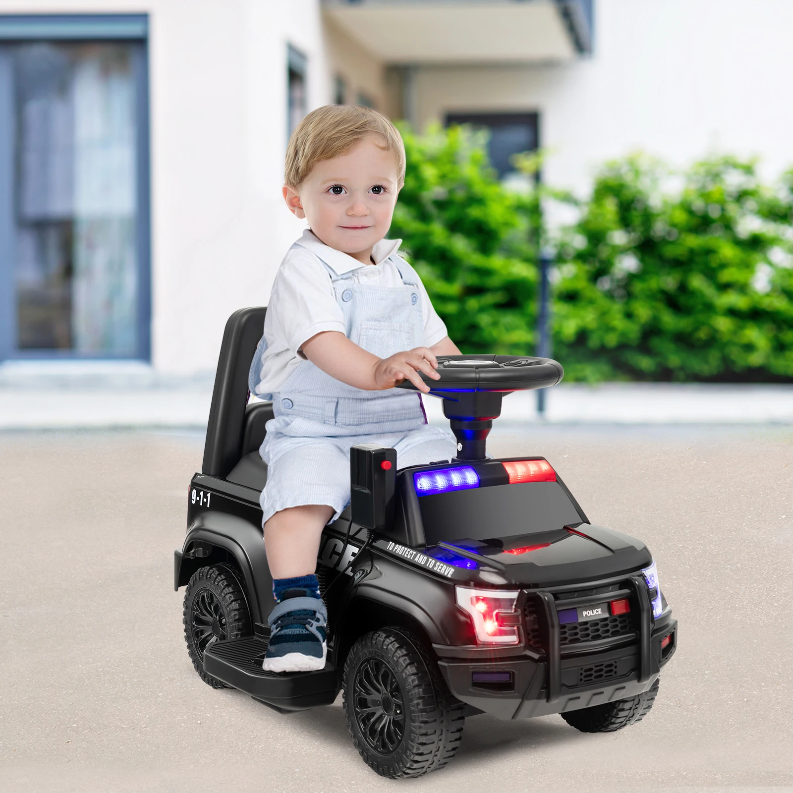 2-in-1 6V Kids Ride On Police Car Toddler Push Car w/ Megaphone & Siren Black