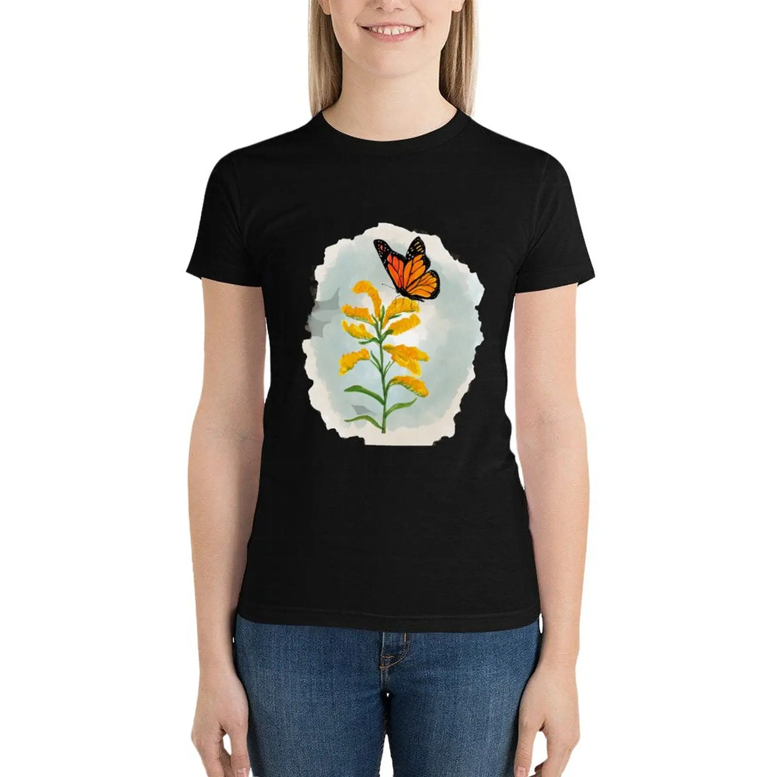 Monarchs and goldenrod - Teal T-Shirt Short sleeve tee tops T-shirt Women