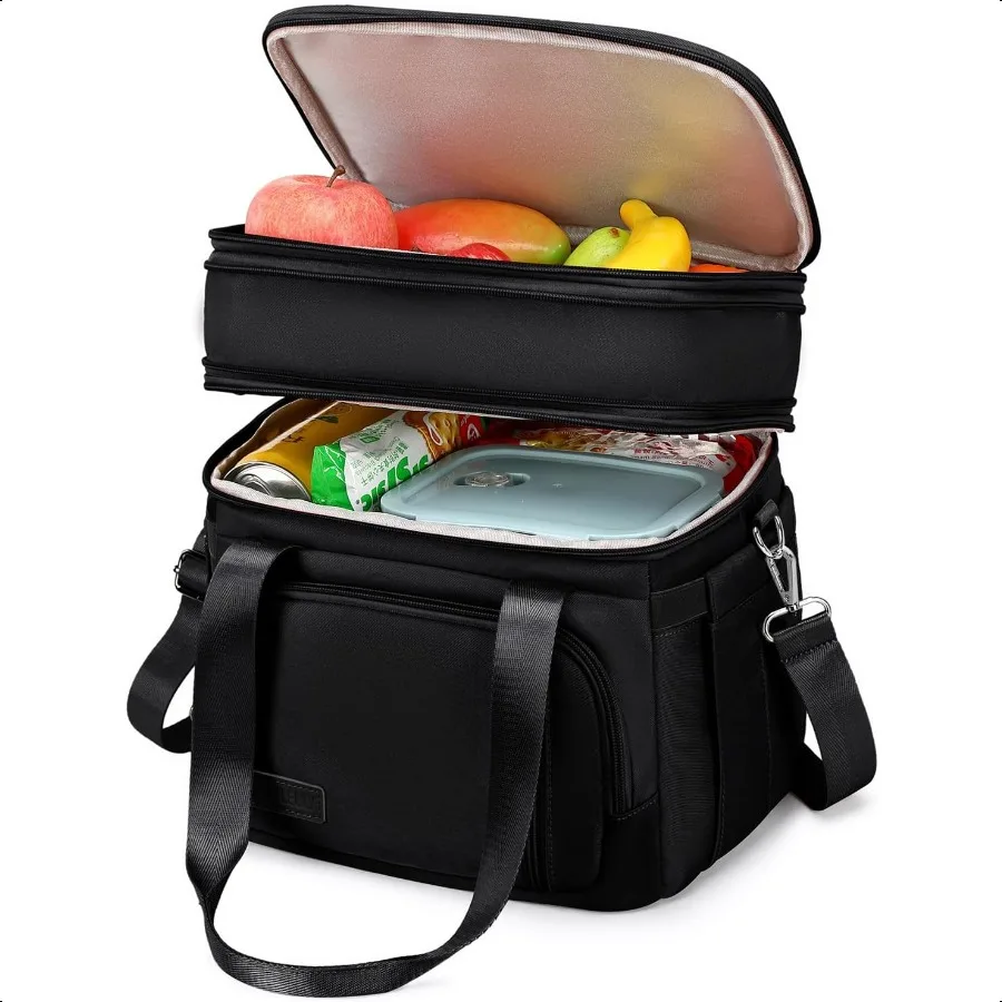 

Lunch Box for Men Women Double Deck Insulated Lunch Bag Large Leak Proof Tote Cooler Wide Open Dual Compartment Lunch Bags with