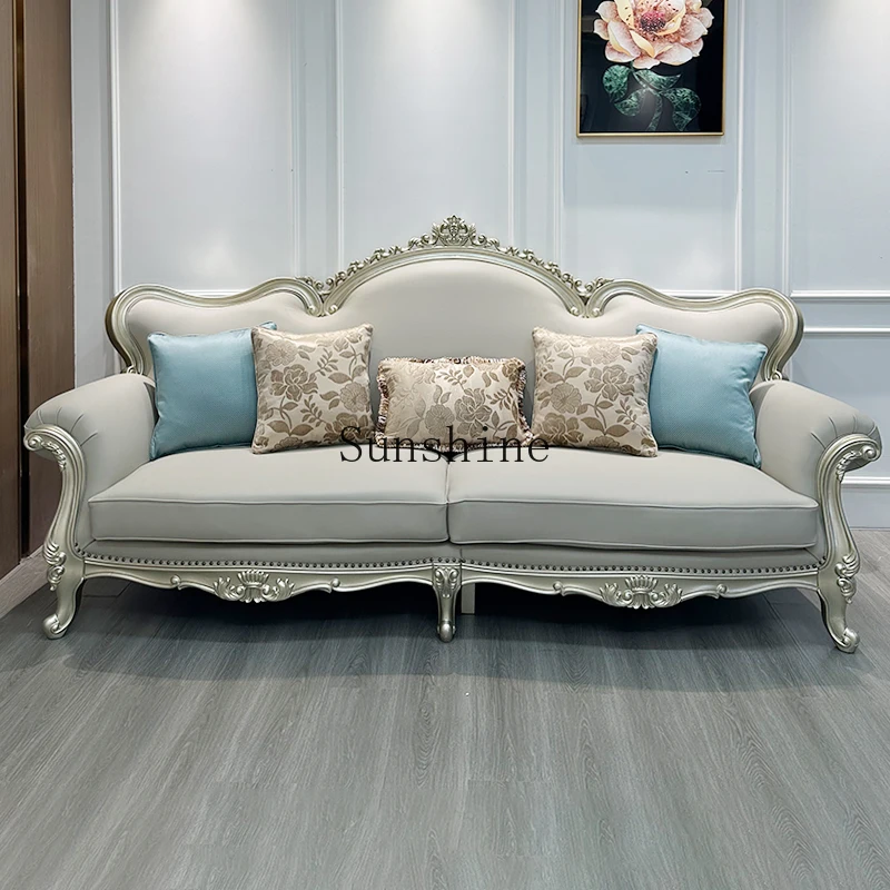 

French light luxury sofa living room combination, leather solid wood, high-end villa large apartment