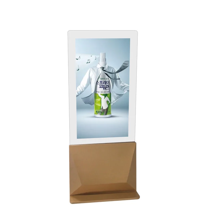 Supporto da pavimento con display trasparente con schermo LCD a doppio lato in due colori con macchina pubblicitaria OLED in vetro