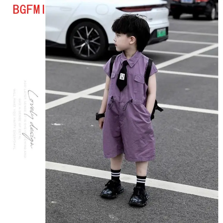 Kids Summer Shorts Overalls Capri Boys Purple Pants and Tie Clothes Boy Baby Jumpsuit 1-10Y Short Sleeved Children's Clothing view 5