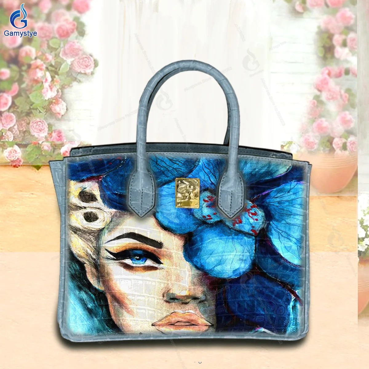 Women Bags Top-Handle Blue flowers Bags Cross Body Bags Bolsas Marcas Real Crocodile Cowskin Leather Hand Draw Customize Art Bag