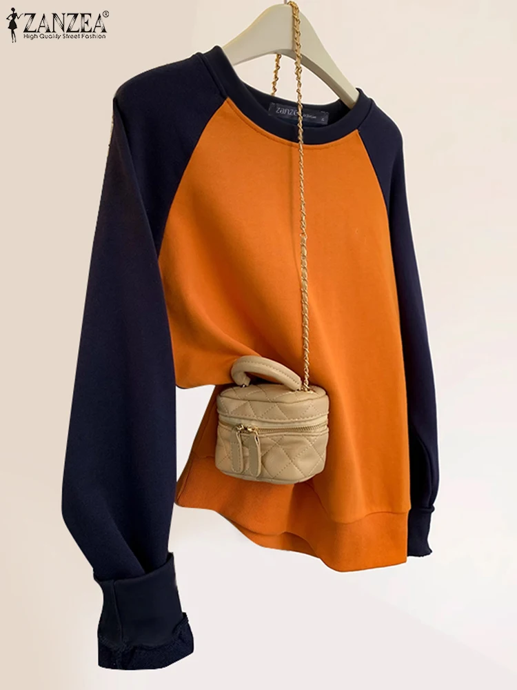 ZANZEA Autunno 2024 Colorblock Felpe con cappuccio Donna Street Fashion Stile coreano Manica raglan Pullover Allentato Casual O Collo Felpe