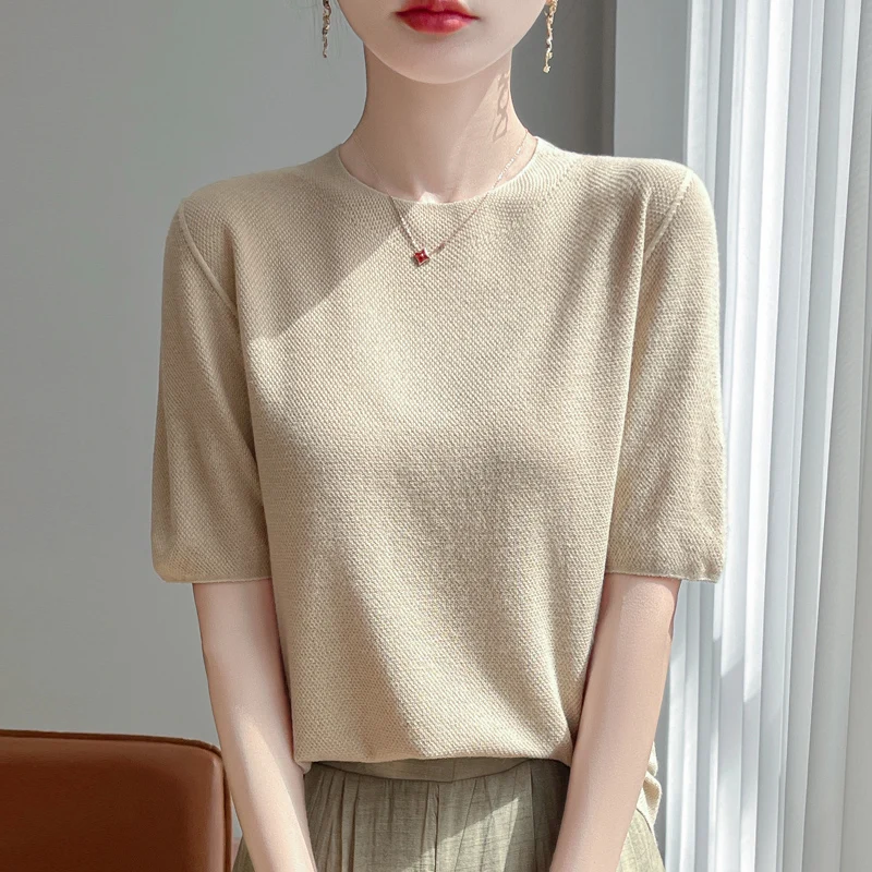 

Classic Seamless Osmanthus Needle Pullover Women knitting Silk Wool Blend Sweater O-Neck Short Sleeves High Quality Loose Tops