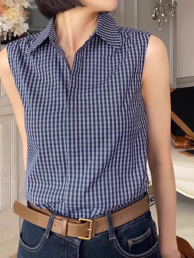 Simple Versatile  Collar Sleeveless Vest Women's Base Layer Shirt Commute Personality Top Outerwear Checkered Pattern