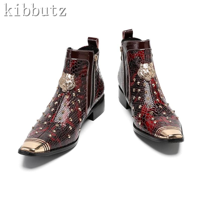 Botas masculinas de couro genuíno feitas à mão de luxo metal dedo do pé quadrado rebites cabeça de tigre botas de tornozelo masculino inverno outono sapatos