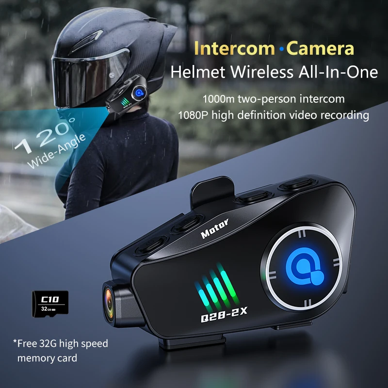 Motorcycle Helmet Headset Intercom BT 5.3 1080P HD Wireless Camera 2 in 1 HD Recorders Stereo Intercom Communication Interphone