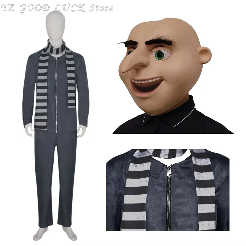 Film GRU costume cosplay papà Gru maschere maschera cospaly per uomo cappotto pantaloni Sciarpa travestimento festa fantasy abiti Halloween dress-up
