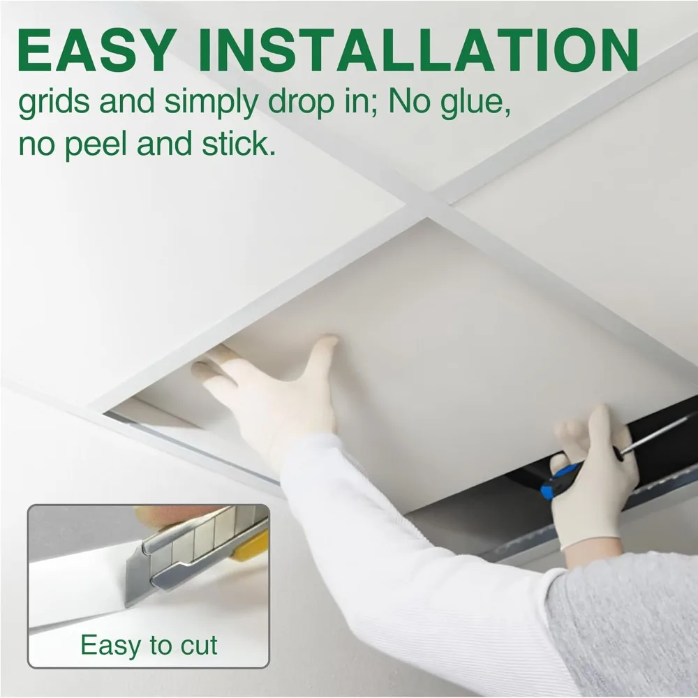 Azulejos de techo de caída suave de 2 pies x 4 pies - PVC premium para evitar roturas - Instalación impermeable, resistente al fuego y fácil de descenso