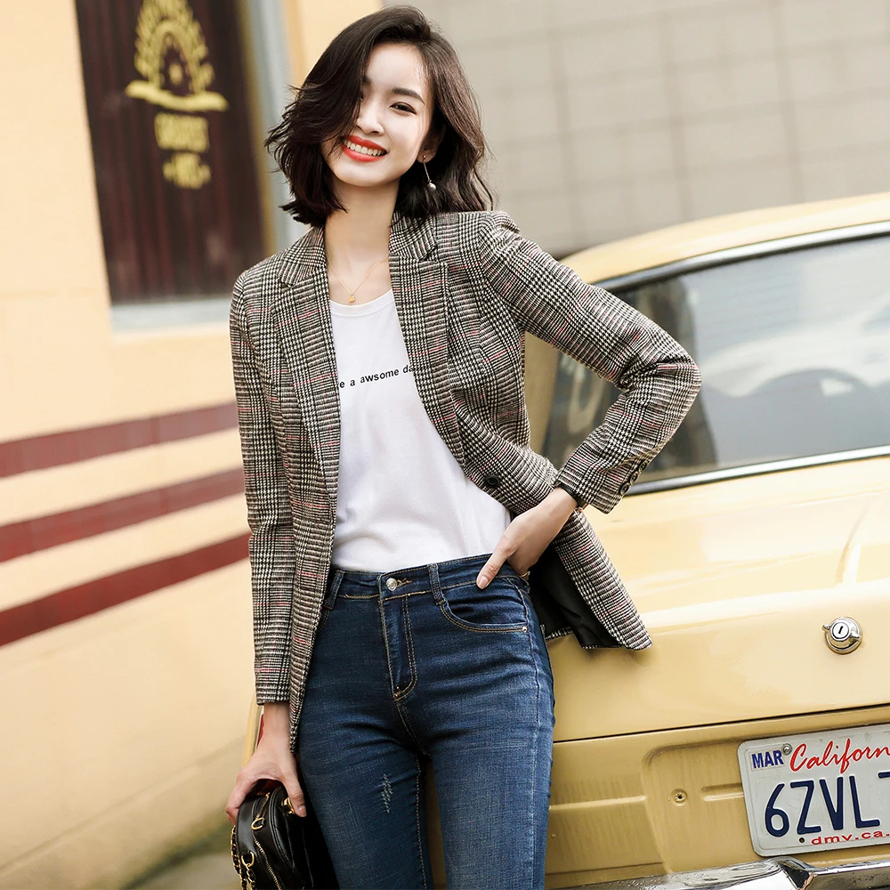 Women Plaid Blazers Female Outerwear Casual Coat Work Office Lady Elegant Brown Gray Jackets Clothing