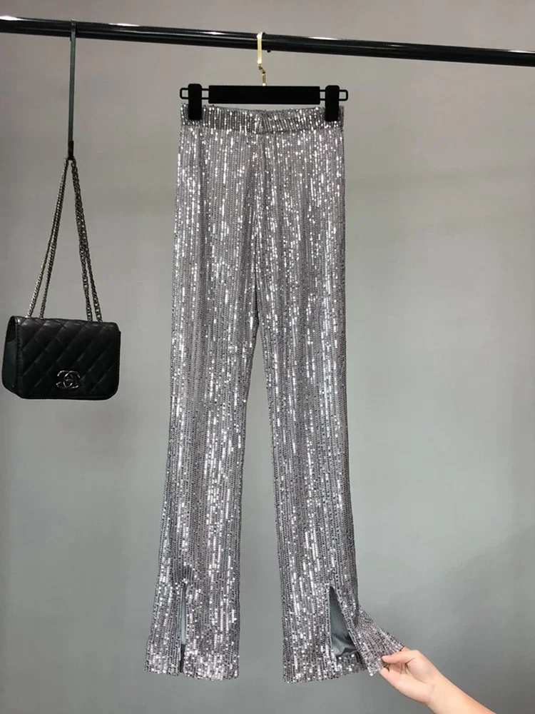 2024 New Autumn and Winter Women\'s Fashionable Shiny White Trousers, Versatile Slimming High Waist Sequined Flared Trousers