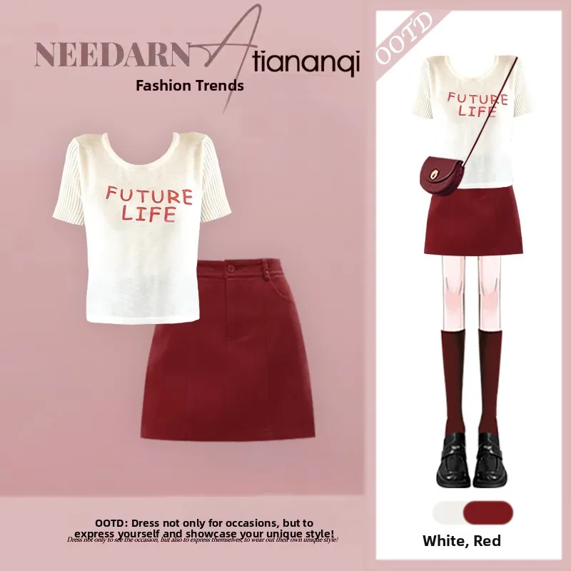 

Elegant Fashion Anti-Aging Summer Outfit Set Women's round Neck Short Sleeve Top with Button Half Skirt Two-Piece Set