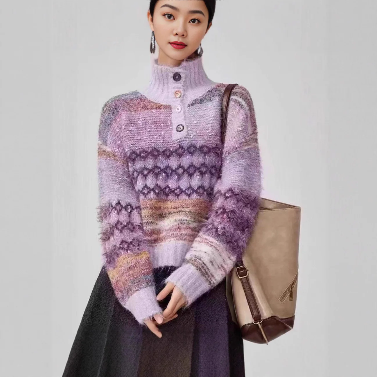 

Lazy Korean Chic Knitted Pullover Patchwork Sweater For Women Fashion Casual Long Sleeve Warm Fall Winter Knitwear Tops