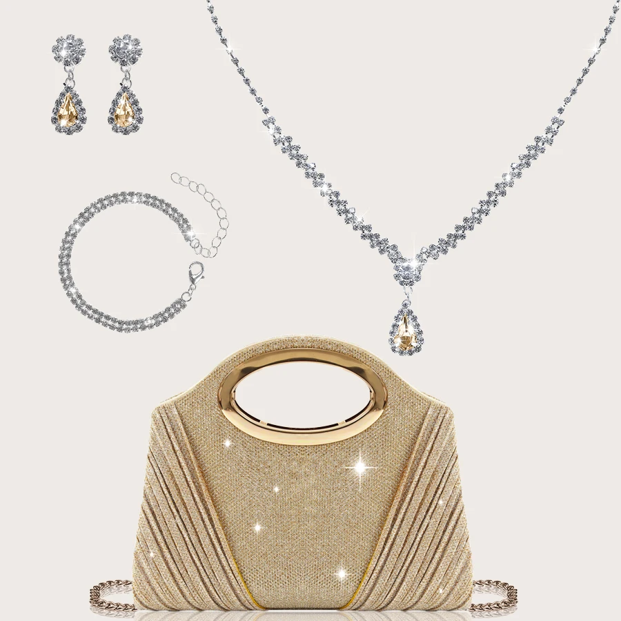 

Великолепная и блестящая праздничная сумка для женщин в сочетании с потрясающим комплектом из четырех частей колье, серег и браслета со стразами.