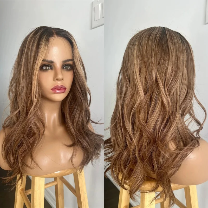 Woman Wigs Dark Caramel Brown Highlights Synthetic HD Lace Front Wig Easy to Wear Gift for Her Natural Body Wave Wig 26 Inches