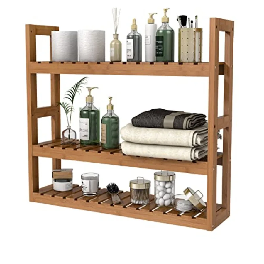 

Bamboo Bathroom Shelf 3-Tier Wall Mount Storage Rack Multifunctional Adjustable Layer Free Standing Over Toilet Utility Shelves