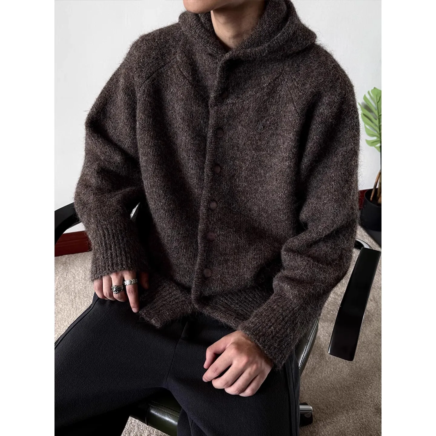 Man Knitting Hoodies 2025 Winter New Men's Heavyweight Knit Cardigan Solid Color Half Turtleneck Hooded Warm Thick Outerwear