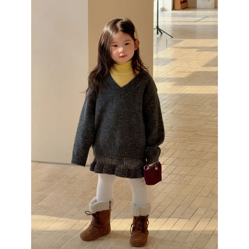 

2025New Autumn and Winter Children's Clothing Children's Clothing Girls' Lazy Style Retro Knit Set Old Money Style Knitted Set