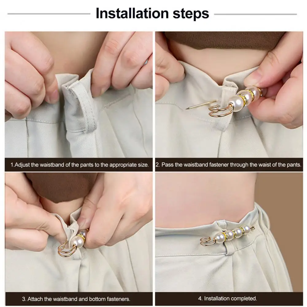 Waistband Hidden Button 2pcs Faux Pearl Waist Tightener Pins Reusable No-sew Waistband Cinchers for Loose Jeans Skirts