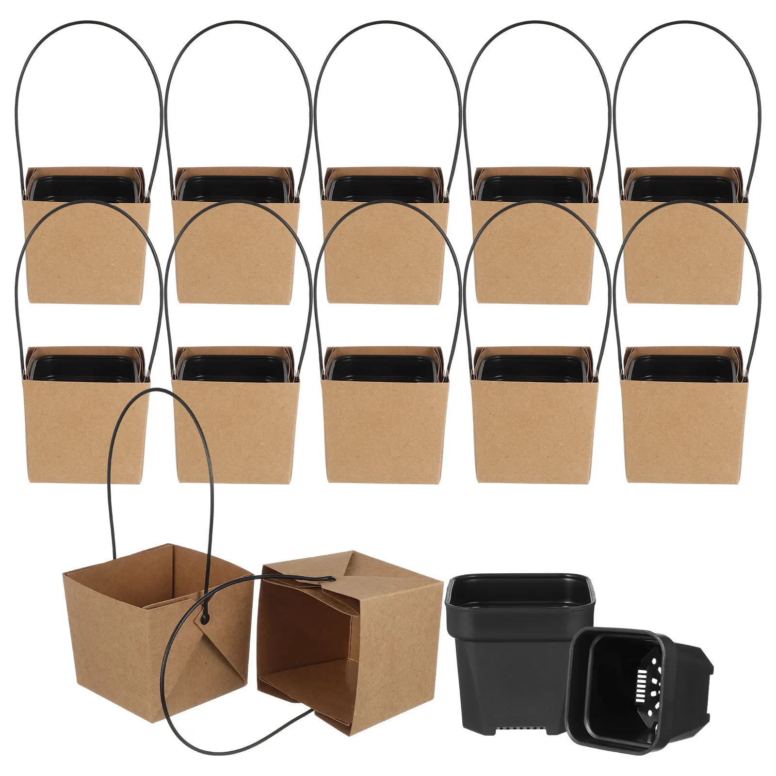 

12 Sets Waterproof Kraft Paper Succulent Boxes Mini Plastic Planters Drainage Holes Rustic Handled Kraft Paper Bags Wedding