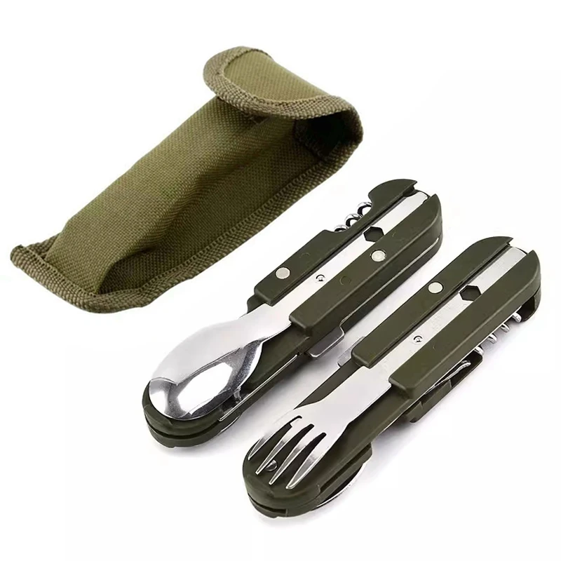 5in1 Camping Multi-purpose Cutlery Portable Folding Stainless Steel Spoon Fork Knife Bottle Opener Tableware Camping Supplies