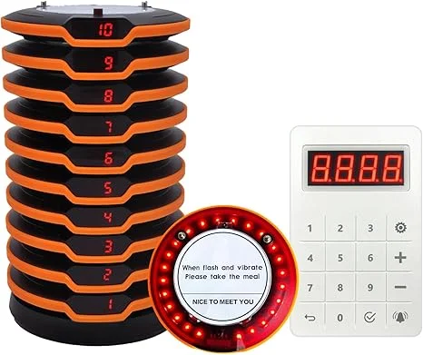 Restaurant Buzzer System, 10 Coaster Beeper Pager System with Buzzer, Customer Queue Pagers with Vibration, Flashing and Buzzer