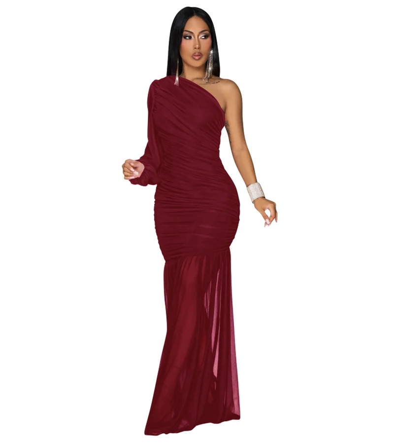 2025 un hombro mujeres verano ceñido al cuerpo delgado Sexy vestidos de fiesta largos cuello Diagonal acanalado malla transparente Patchwork vestido de noche para discoteca