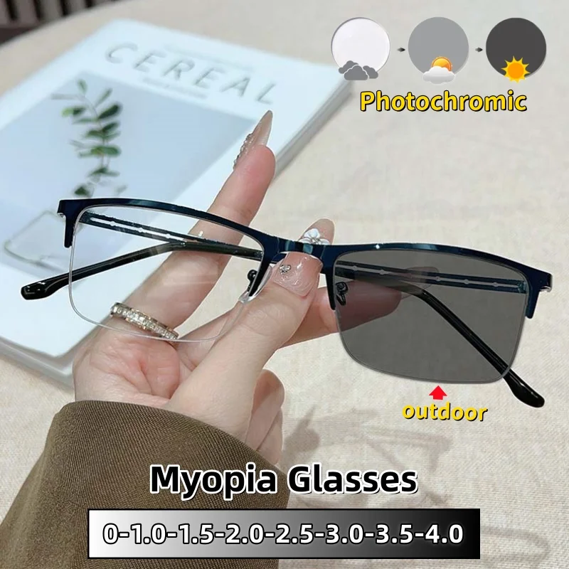 

Unisex Classic Square Retro Half Frame Photochromic Myopia Glasses Versatile Hollowed-out Glasses-leg Lightweight Eyeglasses