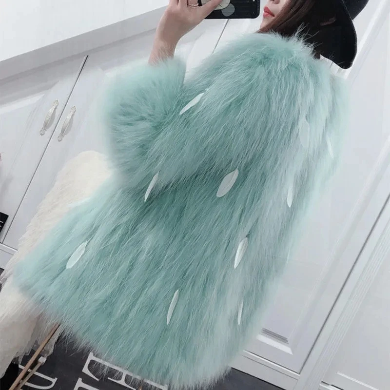 Winter Fox Fur Jacket Women's Long Overcoat Fashion Loose Tassels Imitation Raccoon Hair Woven Thick Warm Parker Coat