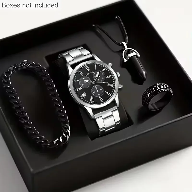 Men 4Pcs Watch Jewelry Set Geneva Roman Dial Wristwatch Bracelet Necklace Ring Relojes Hombre Boxes Not Included