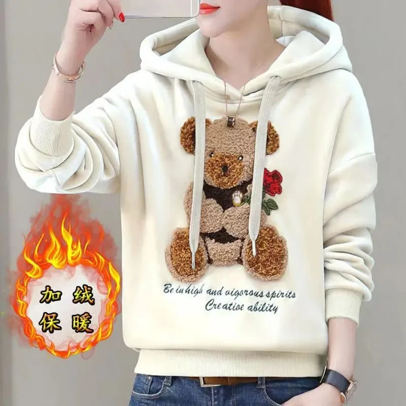 2024 Autumn Winter New Golden Velvet Hooded Sweatshirt Women\'s Thickened Double Sided Velvet Top Embroidered Loose Coat Female